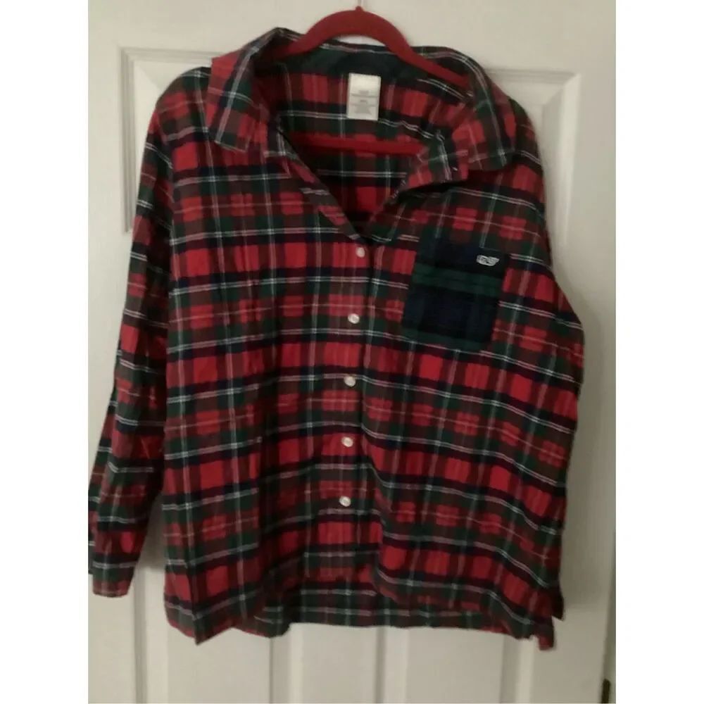 Vineyard Vines Pajama Top Womens XXL Red Tartan Plaid Sleep Shirt Button